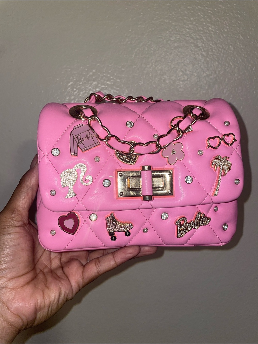 Aldo Pink Quilted Mini Shoulder Bag with Gold Chain & Charms